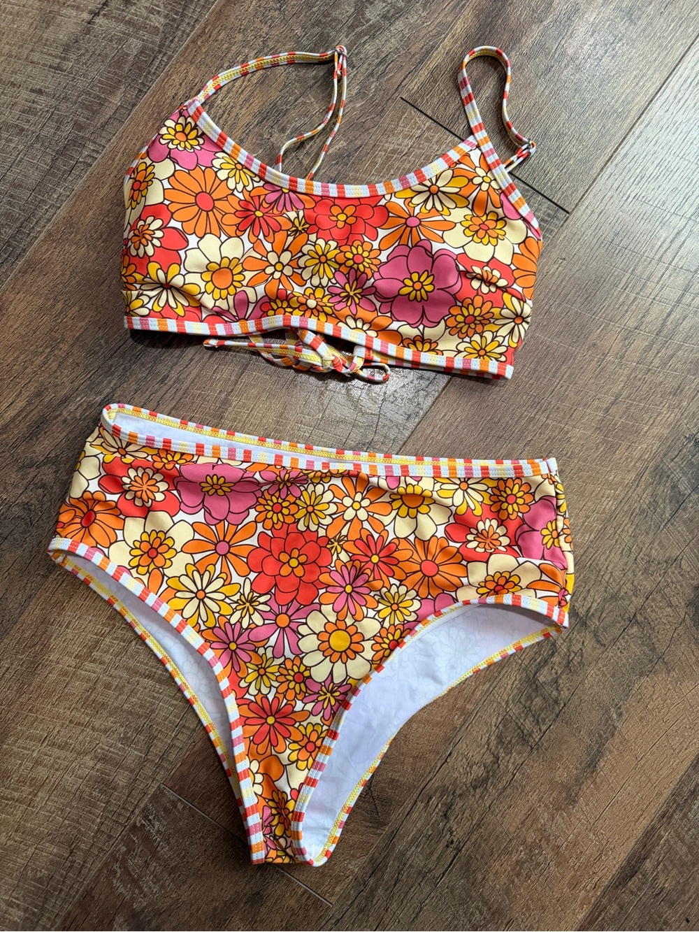 SHEIN Orange & Pink Floral Girls Two-Piece Bikini